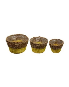 Set 3pz Cesti in erba e rattan dm 28-24-19 h18-16-14 yellow natural - Foto 1 di 1