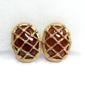 Landau Bold Brown Earrings Jelly Belly Cabochon Rhinestone Goldtone Basketweave - Picture 1 of 6