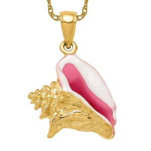 14K Solid Yellow Gold Pink White Conch Shell Necklace - Picture 1 of 12