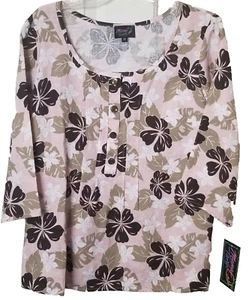 Women's 100% Linen Top Sz M Pink Hawaiian Floral 3/4 Sleeve Tropical Boxy USA - Picture 1 of 11