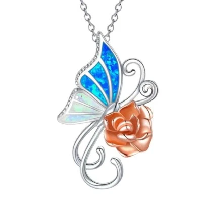 925 Placcato Argento Farfalla Fiore Rosa Cristallo Vita Albero Collana Regalo - Immagine 1 di 4