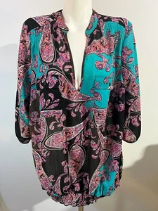 Lane Bryant Damen blau rosa Paisley halbtransparent Bluse Top elastisch unten 22 24 - Bild 1 von 7