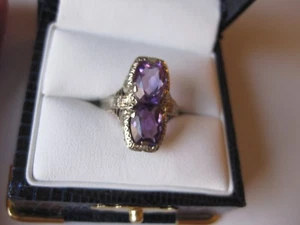 ANTIQUE 14K WHITE GOLD FILIGREE RING with NATURAL AMETHYSTS,ART DECO - Picture 1 of 5