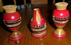 Vintage Carved Wood Mexico 3pc Salt/Pepper Shaker Set w/Toothpick Holder 1955 - Picture 1 of 7