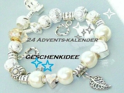 Damen Adventskalender Schmuck Anhänger Perlen Armband + Übergrößen Weiß Perlmutt - Bild 1 von 2
