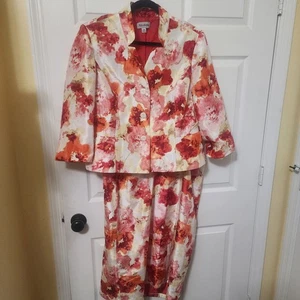 Nicolette - Bright Red Fancy Floral Lined 2 Piece Skirt Suit - Women's Size 18 - Picture 1 of 10