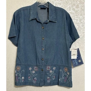 Jane Ashley Petite Vintage neu mit Etikett Denim Blumen bestickt Knopfleiste Kragen Hemd PM - Bild 1 von 5