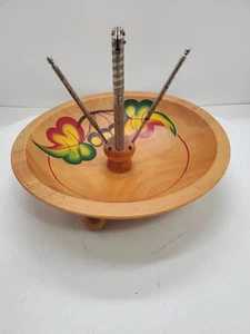 Painted Wood 3 Footed Nut Bowl Set 2 Picks & Cracker Leaves Acorns Colorful Vtg - Picture 1 of 8