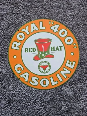 老式红色帽子皇家“400”GASOLINE双面PORCELAIN加气站标志24 — 第 1/4 张图片