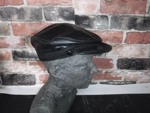 VINTAGE 1970'S BRONER BLACK LEATHER BIKER HAT SIZE LARGE MADE IN USA L@@K - Picture 1 of 5