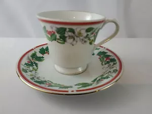 Lynns St. Maria China Cup & Saucer Christmas Holly & Berry Red Band - Free Ship - Picture 1 of 6