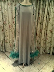 Green/Silver LONG dress with long open sleeves,  Green  feathers 22/24 - Picture 1 of 5