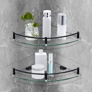 Glass Shelf, Black, 2 Pack, Bathroom Glass Floating Shower Shelves with Rail, 9. - Picture 1 of 2