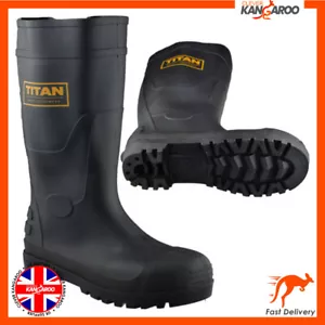 Botas de seguridad Titan Wellingtons impermeables punta de acero agarre resistente Wellies negras - Imagen 1 de 12