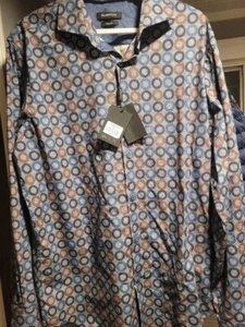 WOW NWT Bugatchi Classic Fit Large Mens Blue Circles Button Front Shirt Large L - Picture 1 of 9