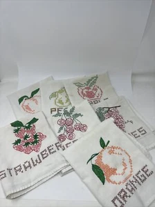 Vintage 7 Cross Stitch Fruit Dish Towels Cherries Grapes Unstitched Some Stains - Picture 1 of 10