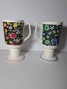 2 Retro Footed Floral Coffee Mugs, Pink Yellow Green Blue Vintage Groovy MCM - Picture 1 of 15