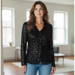 Chaqueta Top Mujer Noche Años 90 De Colección M Negra Seda Lentejuelas Volantes Vacaciones Cóctel - Imagen 1 de 12