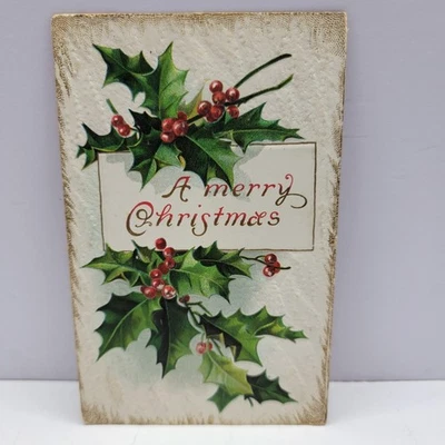 Embossed Holly & Berries A Merry Christmas Gold Border 1910 Antique Postcard - Image 1 of 2