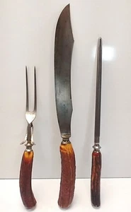 Antique Meriden Cutlery Co. Stag Horn 3 Piece Carving Knife Set - Picture 1 of 10