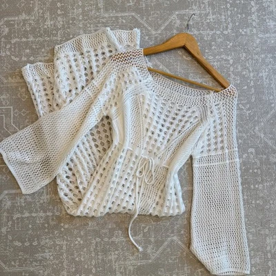 White Crochet Knit Maxi Dress Long Sleeve Drawstring Waist Sheer Beach Cover Up - Image 1 of 4