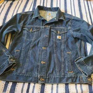 Men's Large Carhartt Relaxed Fit Denim Blue Jean Trucker Jacket Unlined - Picture 1 of 20
