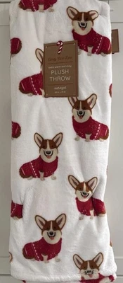 NUEVO CON ETIQUETAS CORGI EN SUÉTER ROJO Perro Gran Tamaño 60x70” Manta de Felpa Navidad, Vacaciones Foto 1 de 4