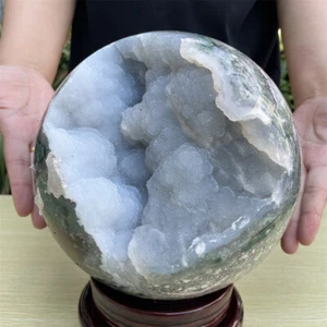 18.4LB 7" Large Natural Moss Agate Geode Sphere Quartz Crystal Ball Healing C1 - Foto 1 di 15