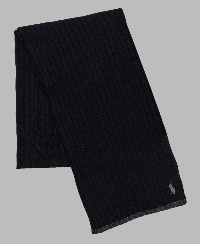 Polo Ralph Lauren Men's Warm Wool Blend Classic Ribbed Knit Scarf Black
