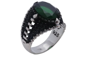 Turkish Style Handmade Jewelry Oval Shape Emerald 925 Sterling Silver Men's Ring - Picture 1 of 9
