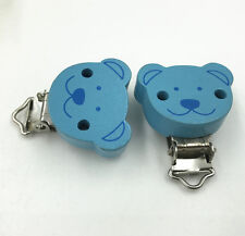 5pcs Baby Pacifier Clips Bear head Blue Wood Metal Holders 4.2cm x3.4cm