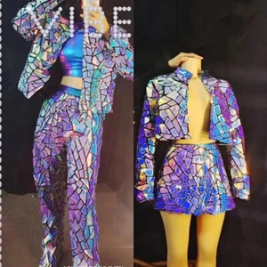 Laser Mirror Sequin Top+Vest+Pant/Short Dress 3pcs Dancer Bar Costume Outfits - Picture 1 of 16