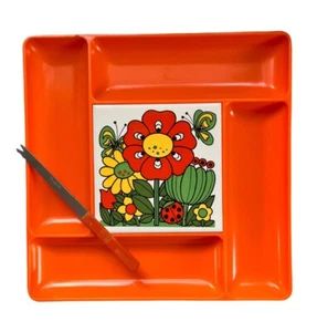 Vintage 1960’s Price Imports Orange Serving Tray w/ Knife Groovy Mod Floral - Picture 1 of 4