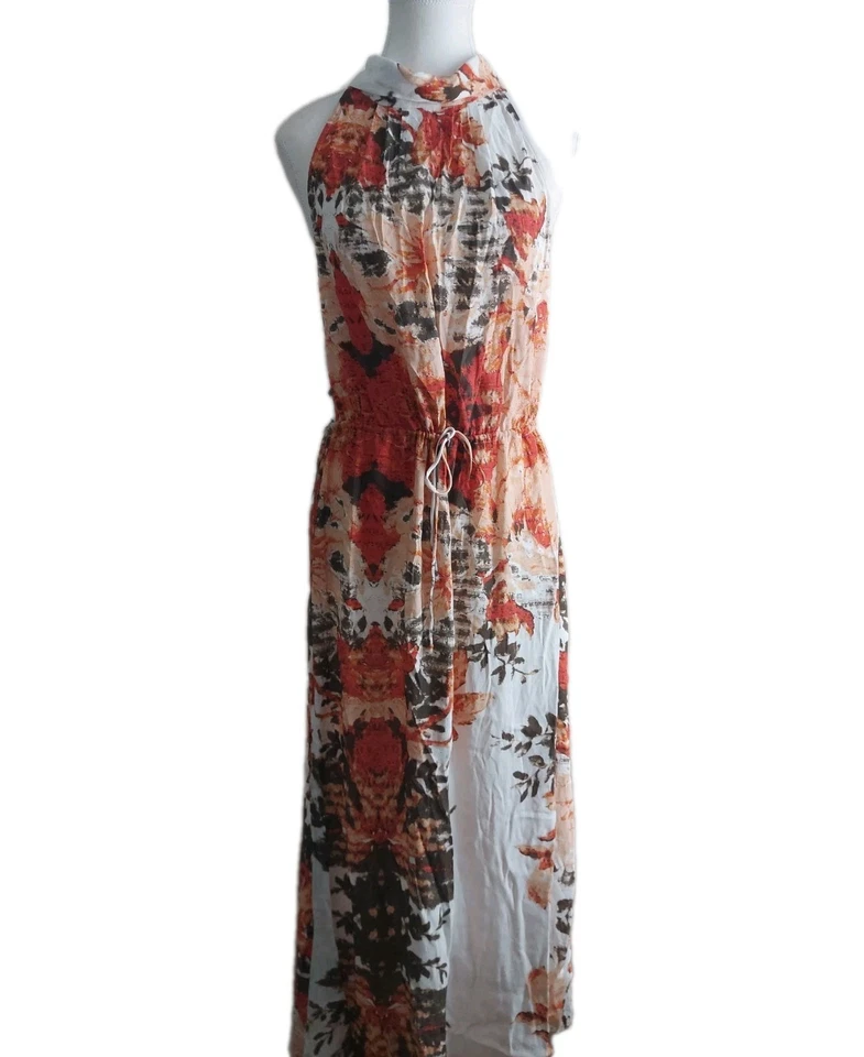 Wish Fleur Burnt Orange Floral Maxi Drawstring Waist Dress Sz 12 (M) - Image 1 of 4
