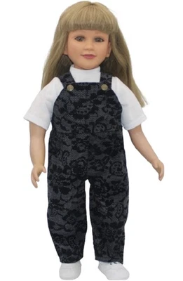 Mono de pana floral negro con camiseta blanca se adapta a muñeca talla My Twinn de 23" Foto 1 de 3