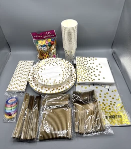 Conjunto de 25 piezas de suministros de fiesta blancos y dorados - Imagen 1 de 9