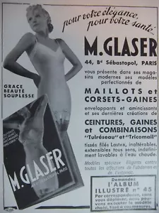 PUBLICITÉ DE PRESSE 1936 M.GLASER - MAILLOTS CORSETS GAINES - ANNEE 1936 - Imagen 1 de 1