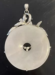 18K Solid White Gold Icy White Translucent Jadeite Jade Donut Disc Pendant Large - Picture 1 of 6
