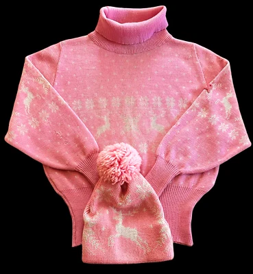 Suéter DEMETRE Rosa y Blanco con Copos de Nieve y Ciervos Gorro a Juego PEQUEÑO De Colección Foto 1 de 4