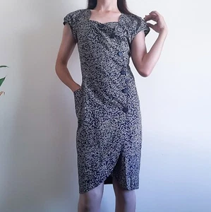KRIZIA POI Vintage Navy Blue Brown Leaf Print Cotton Sheath Dress Womens Small S - Picture 1 of 14