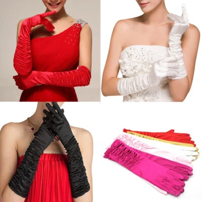 US FAST Womens Sexy Bridal Wedding Costume Party Gloves Satin Long Sleeve Gloves - Image 1 of 4