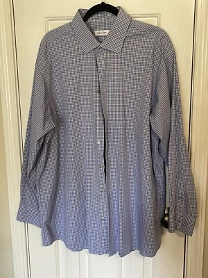 Calvin Klein Men Blue Plaid Long-Sleeve Cotton Dress Shirt Size 18 34/35 - Image 1 of 3