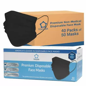 2,000pcs Litepak Premium BLACK Disposable Face Mask 3Ply Wholesale Bulk 40x50ct - Picture 1 of 5
