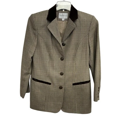 Blazer Amanda Smith Petites para mujer 6P marrón Glen mezcla de lana a cuadros cuello de terciopelo Foto 1 de 4