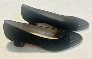 SALVATORE FERRAGAMO Womens Black Suede Check Leather Cap Toe Heels Shoes 7.5 B - Picture 1 of 9