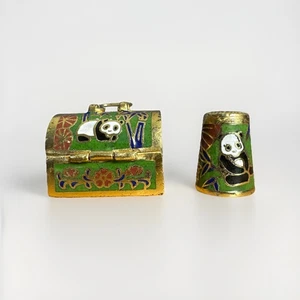 Vintage Cloisonne Thimble In Chest Hand Painted with Panda Design - Picture 1 of 8
