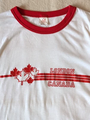 Camiseta Vintage Londres Canadá Timbre Años 80 Clásica Roja Blanca Retro Mediana (etiquetada XL) Foto 1 de 4