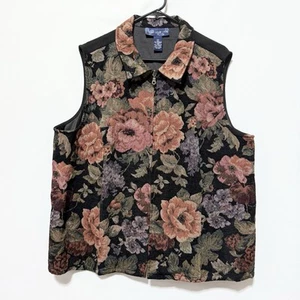 Susan Graver 2X Zip Front Tapestry Floral Vest Black Sleeveless Collared Boho - Picture 1 of 10