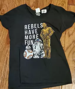 T shirt female S REBELS HAVE MORE FUN Star Wars C3PO R2D2 BB-8 NWT black - Picture 1 of 3