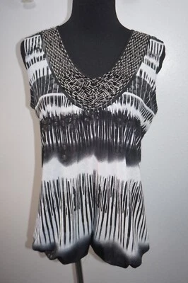 Dressbarrn Black White Beaded V Neckline Tank Top Womans Sz PM Petite Sleeveless - Image 1 of 4